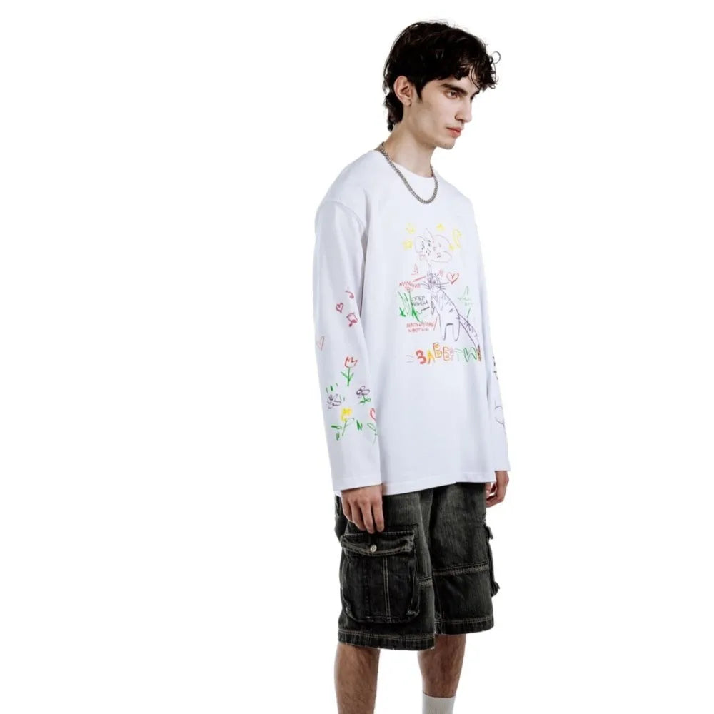 Men T-Shirt Streetwear Cartoon Oversized Printed Autumn Hip Hop Korean