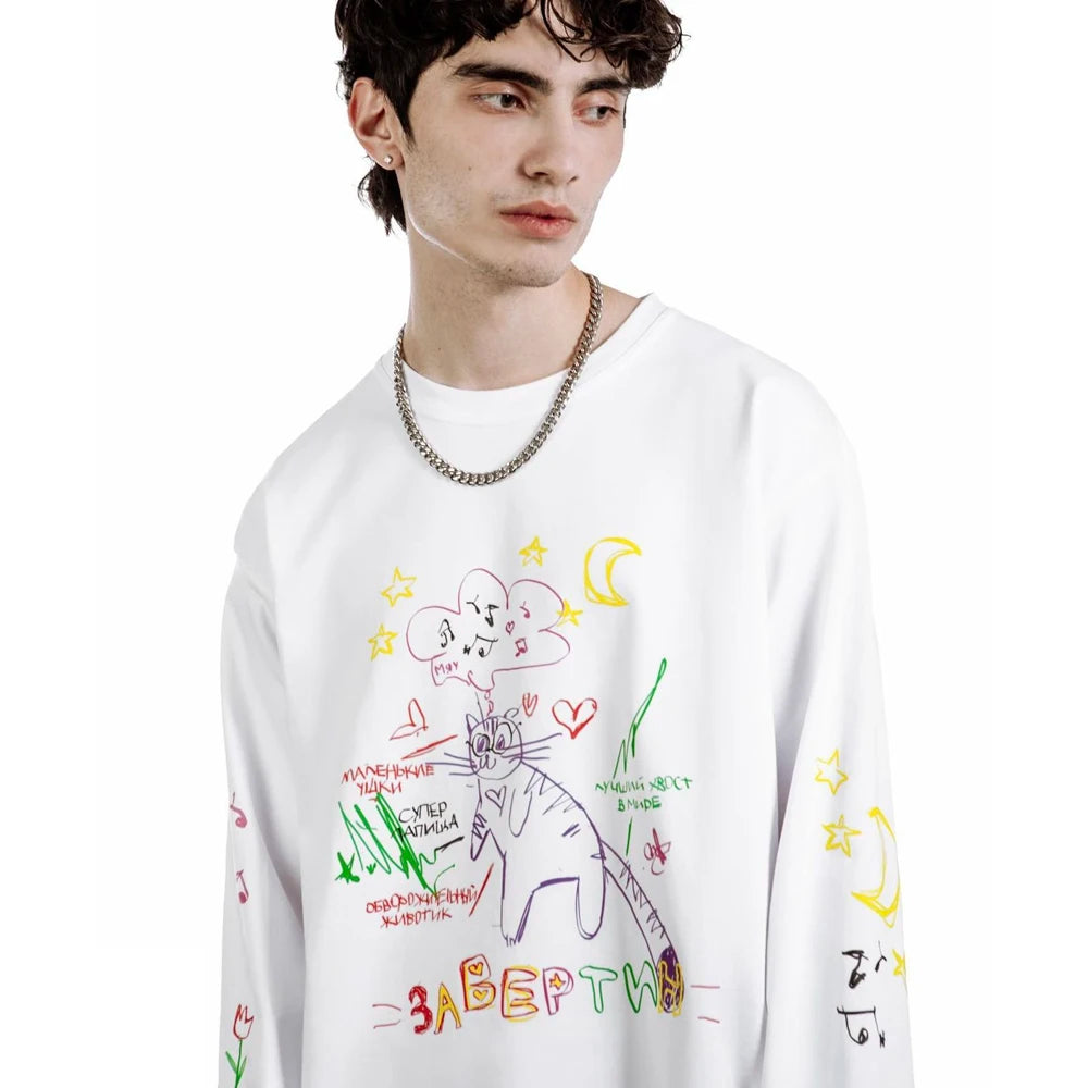 Men T-Shirt Streetwear Cartoon Oversized Printed Autumn Hip Hop Korean