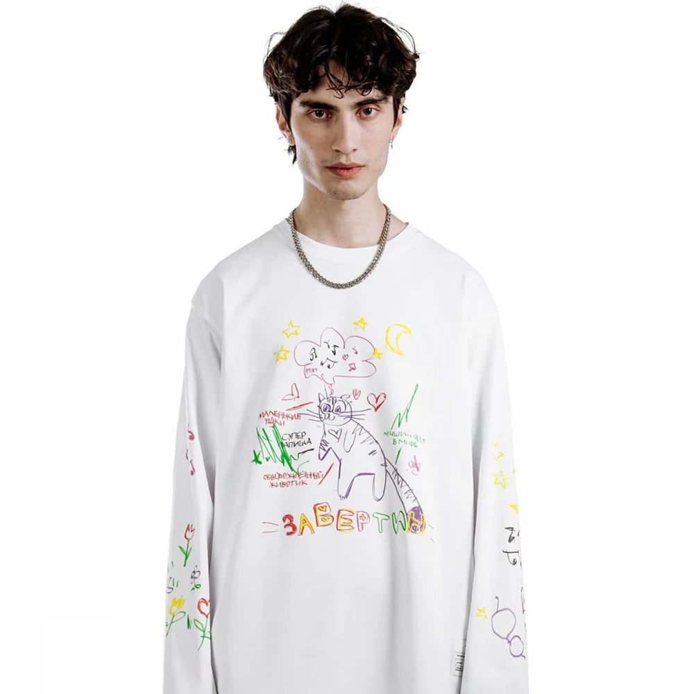 Men T-Shirt Streetwear Cartoon Oversized Printed Autumn Hip Hop Korean