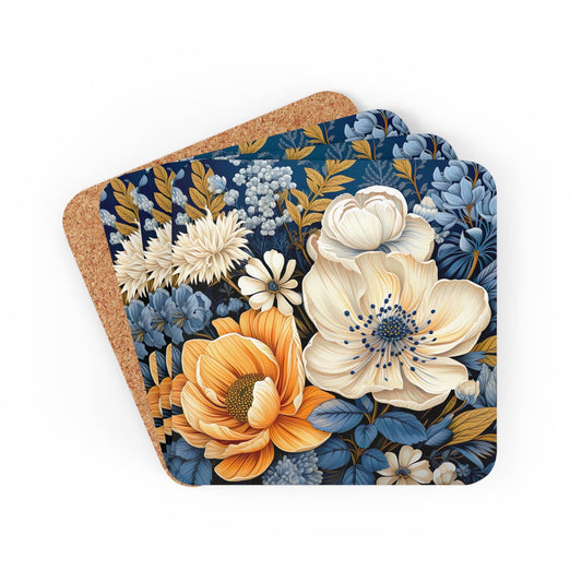 Coaster Set of 4 for Drinks Blue Floral Block Print Illustration