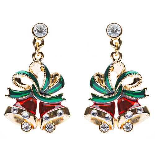 Christmas Jewelry Crystal Rhinestone Twin Bell Holiday Dangle Earrings